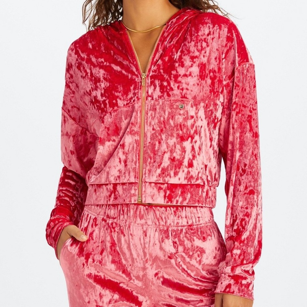 Fabletics M L Crushed Velour Velvet Zip-Up Hoodie “Strawberry” Plush Gym Yoga